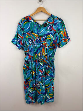Vintage Romper Womens XL 16 Blue Red Floral Short Sleeve Skort Jumpsuit Retro